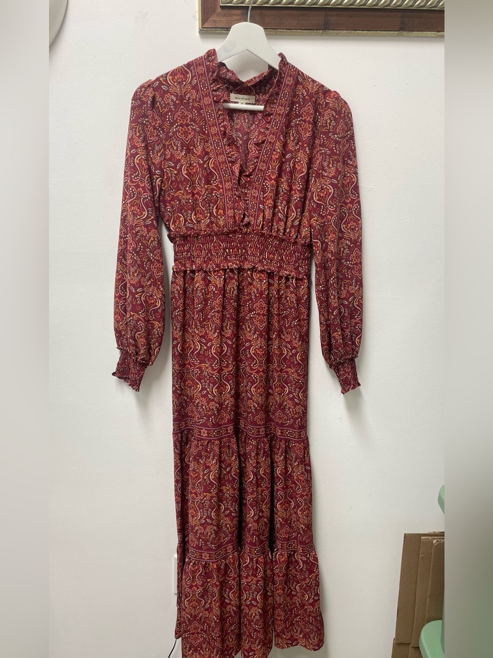 Max Studio Burgundy Paisley Long-Sleeve Maxi Dress